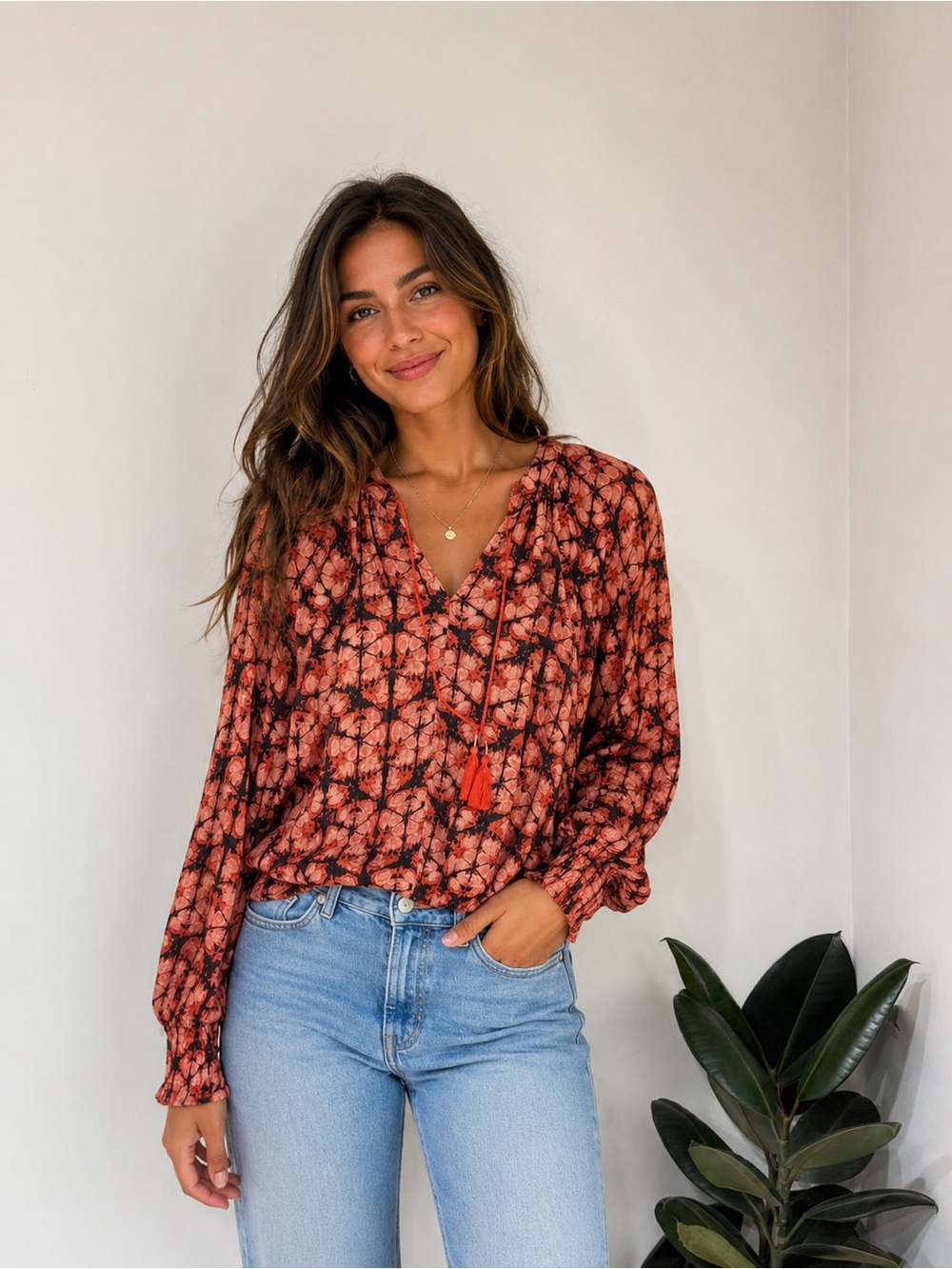Porridge Anthropologie Coral Abstract Print Tassel Tie Boho Blouse Medium